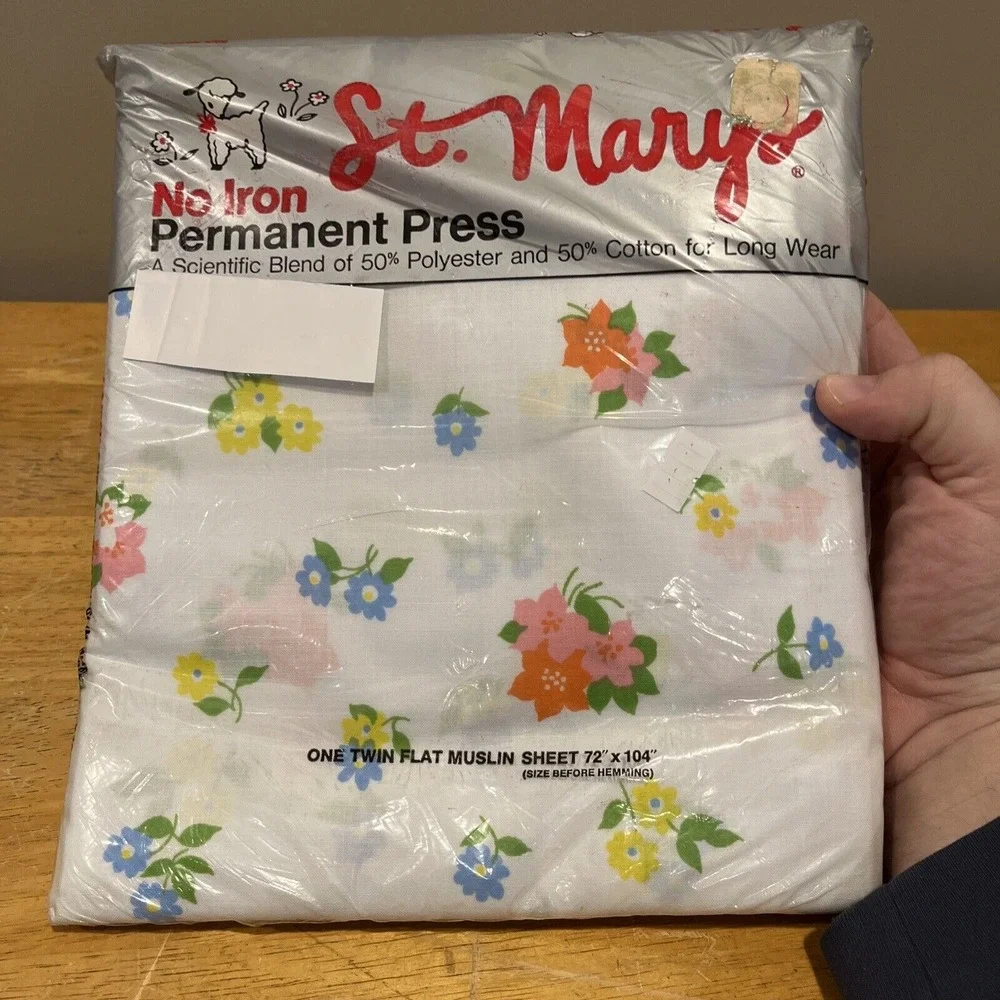 Vintage St Marys TWIN FLAT sheet Small Flowers Floral Pink Yellow NOS Muslin